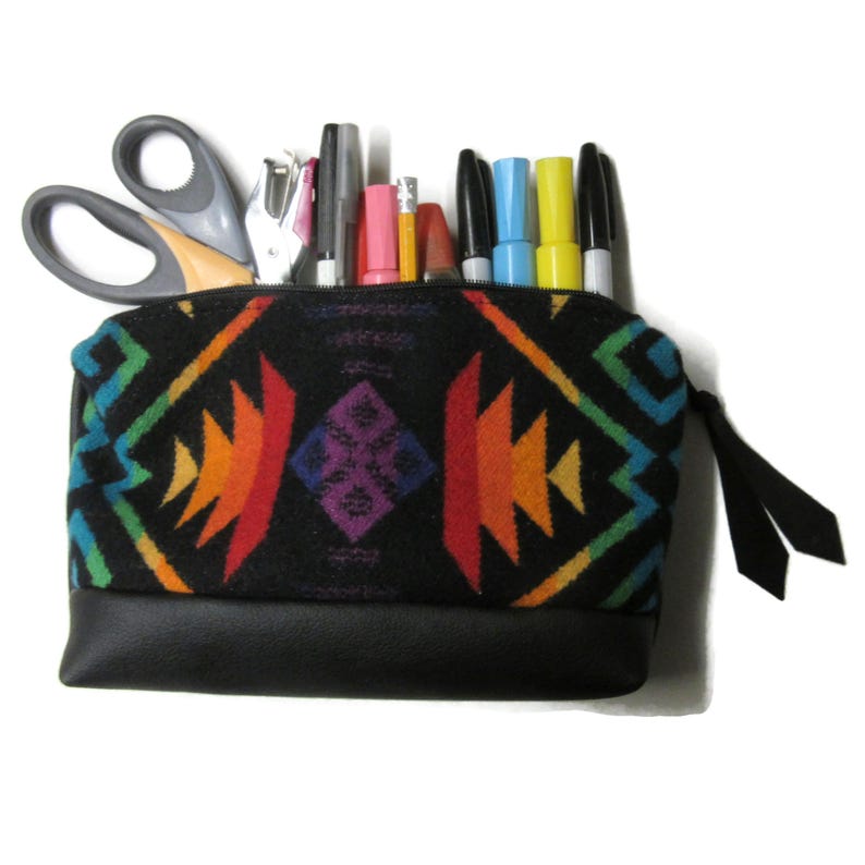 Organizer Office Desk Black Leather Large Zippered Pouch Blanket Wool Fabric from Pendleton bild 1