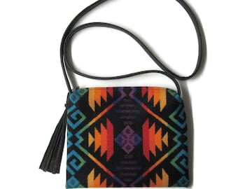 Cross Body Bag Crossbody Purse Shoulder Black Leather Coyote Butte Blanket Wool from Pendleton Woolen Mills