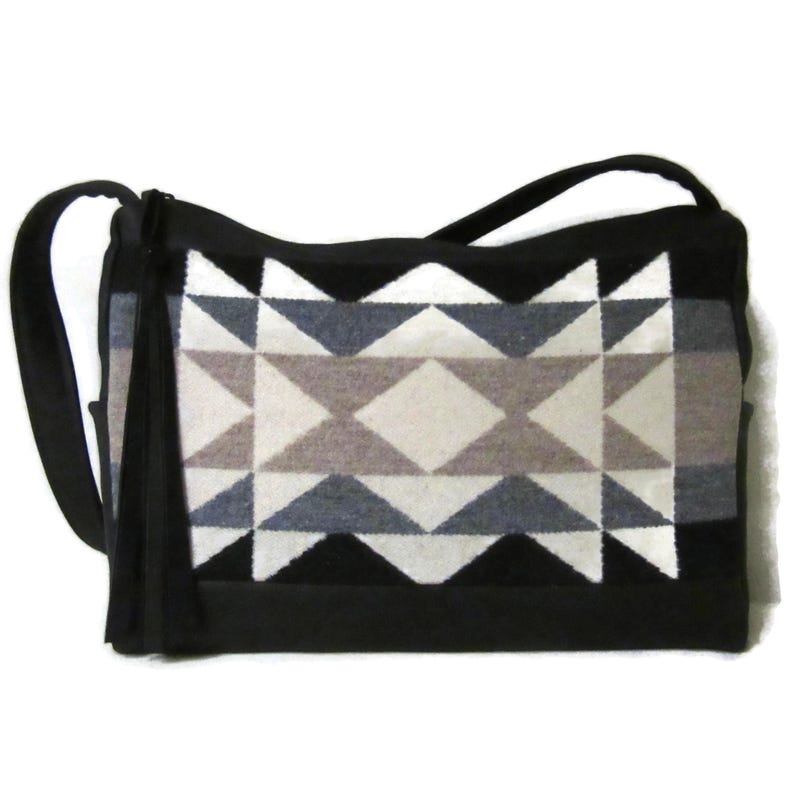 Shoulder Bag Purse Handbag Black Leather Blanket Wool Fabric from Pendleton Woolen Mills image 1