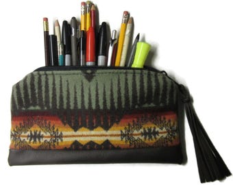 Pencil Case Cosmetic Bag Make Up Clutch Purse Zippered Brown Leather Pouch Vintage Wool Fabric from Pendleton Woolen Mills