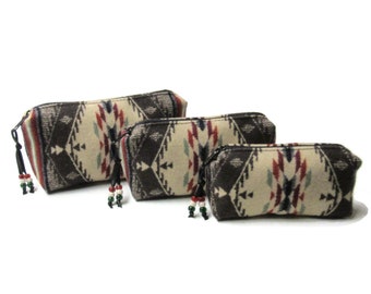 Pouches Zippered Purse Organizers Travel Bags Set of 3 Wool Blanket Wool Fabric from Pendleton Woolen Mills