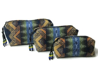 Pouches Purse Organizers Travel Bags Zippered Set of 3 Blanket Wool Fabric from Pendleton Woolen Mills