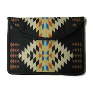 May include: A black felt clutch with a geometric pattern in shades of brown, orange, blue, and white. The clutch has a flap closure.