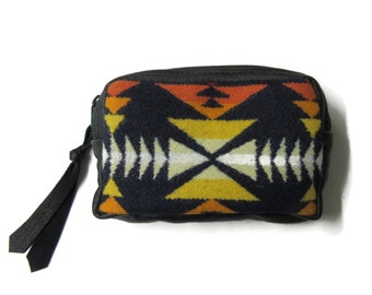 Waist Bag Belt Bag Fanny Pack Zippered Pouch Black Leather Blanket Wool from Pendleton Woolen Mills