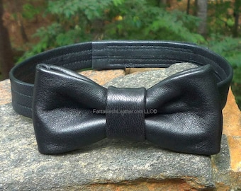 Black Leather Bow Tie Bowtie (JWL 111)