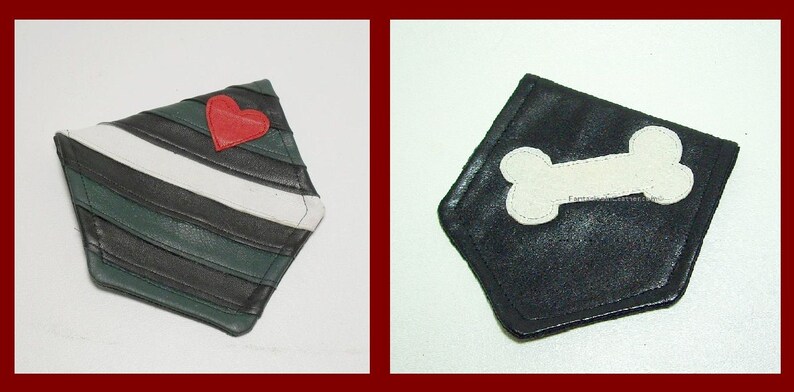 May include: Two diamond-shaped leather items. One is green, black, and white with a red heart. The other is black with a white bone design. Both have a stitched design and are likely coasters or small decorative items.