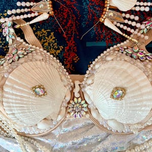 May include: A beige bra adorned with large white seashells, pearls, and iridescent gemstones. The bra features a seashell design on the cups, with additional embellishments along the straps and neckline. A mermaid-themed costume piece.