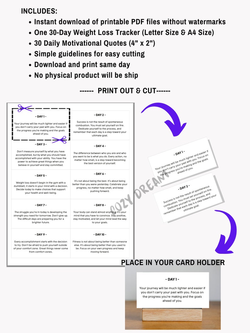 30 Day Weight Loss Tracker Printable, Daily Inspirational Motivational ...