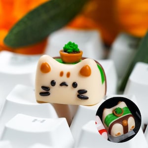 Cute Cat With Succulent Pot Keycap, Cute Artisan Keycap for Mechanical Keyboard, Handmade Kawaii Keycap, Lovely Gift For Her