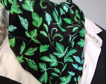 Green ivy on a black cotton cravat, necktie