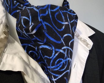 Blue loops and swirls on a black cotton cravat, necktie