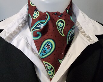 Blues and greens Paisley on a brown cotton cravat, necktie