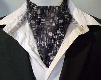 Black cotton cravat with grey lines verticaland horizontal, necktie