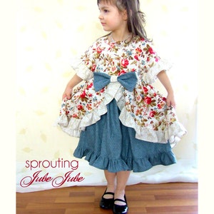 Peasant Dress Pattern with ruffled overskirt and bow --Enchanted Dress-- w. half and 7/8 sleeves 9m-12 girls Instant