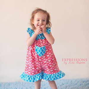 Girls Romper Pattern with neck ruffle Tutorial PDF with shorts, capri and full length option Whimsy Couture