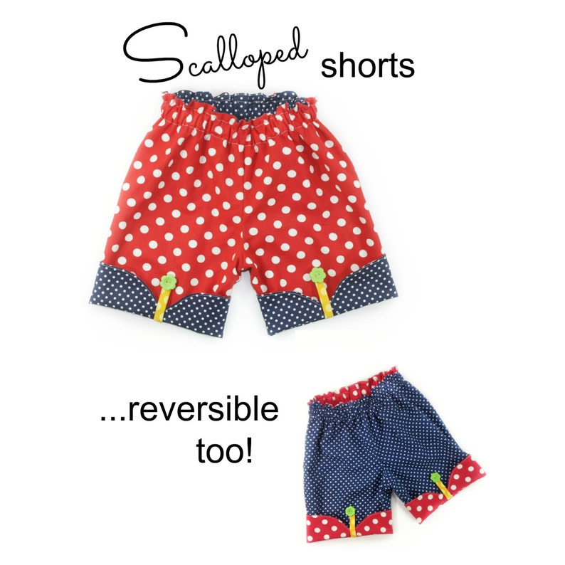 Girls Shorts Pattern sizes 12m through 16 girls, Reversible, Scalloped Hems, Instant Download image 3