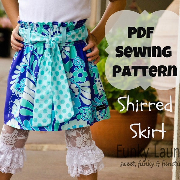 Girls Skirt Sewing Pattern Tutorial ebook for cotton or knit fabric, shirred waist, sizes 3m through 12 girls PDF Whimsy Couture