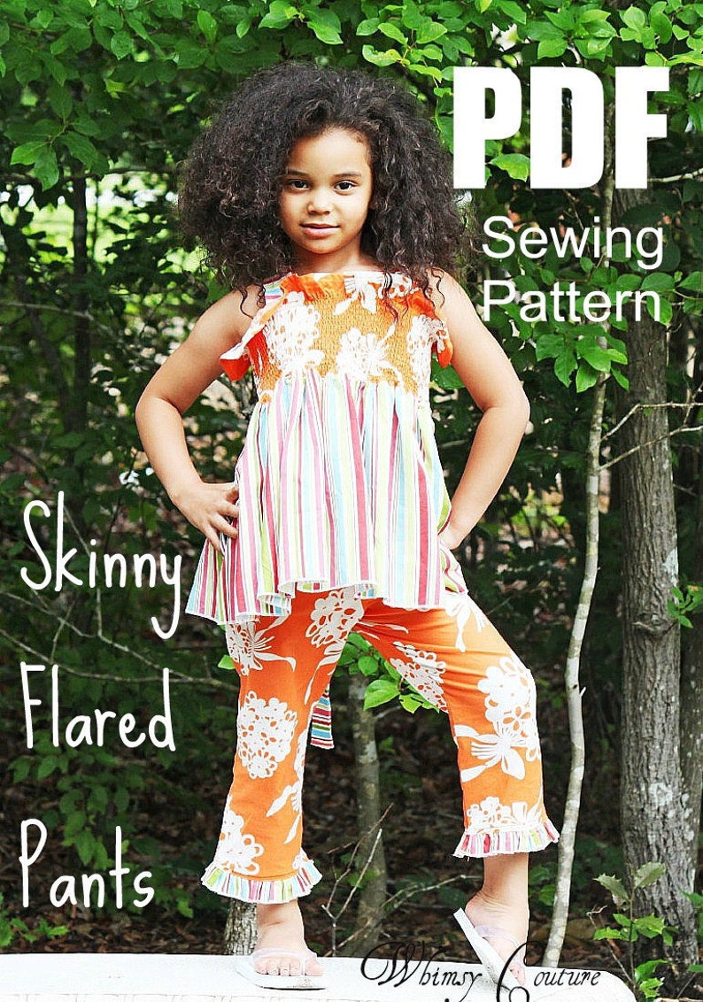 May include: A young person wearing a colorful outfit. The top is striped with orange floral accents, and the pants are orange with white floral patterns. The text on the image reads "PDF Sewing Pattern" and "Skinny Flared Pants".