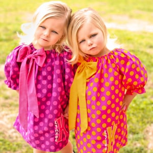 Girls Peasant Dress Pattern -Bodacious Bow- Easy To Sew 3 sleeve lengths 0m - 12 girls