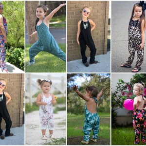 May include: A collage of eight images featuring children wearing different styles of colorful jumpsuits. The jumpsuits are made of various fabrics and patterns, including floral, animal print, and solid colors. The children are posing in a variety of settings, including outdoors and indoors.