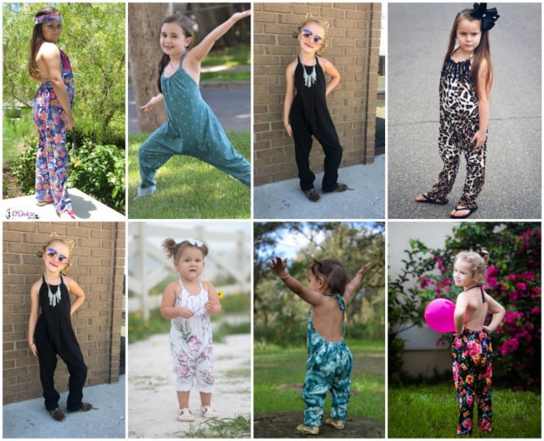 May include: A collage of eight images featuring children wearing different styles of colorful jumpsuits. The jumpsuits are made of various fabrics and patterns, including floral, animal print, and solid colors. The children are posing in a variety of settings, including outdoors and indoors.