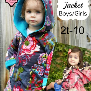 May include: A hooded jacket sewing pattern for boys and girls, sizes 2T-10. The pattern features a floral print with butterflies and a turquoise lining. The image shows two children wearing the jacket.
