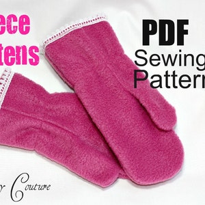 May include: PDF Sewing Pattern for Fleece Mittens. The pattern includes instructions for making a pair of pink fleece mittens with white trim. The mittens are shown folded on a white background.