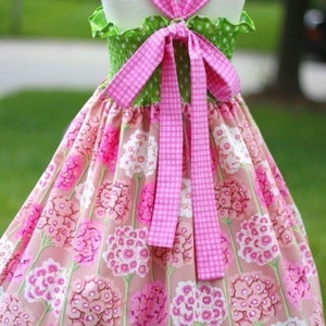 May include: A pink and green floral dress with a bow. The dress features a pink floral pattern on the skirt, a green polka-dot bodice, and a pink gingham bow at the back. The dress is displayed on a mannequin.