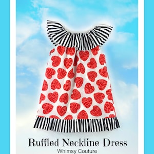 May include: A red and white dress with a ruffled neckline and black and white stripes. The dress has a heart pattern with white polka dots. The dress is called "Ruffled Neckline Dress" and "Whimsy Couture" is printed below the name.