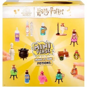 May include: A box featuring miniature potion bottles from the Harry Potter Wizarding World. The box has the text "MGA's Mini Verse Make It Mini Potions". The potions are in various colors, including blue, pink, and green, with cork stoppers.