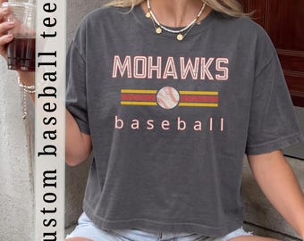 Personalized Baseball Crop Top, Custom Team Name Boxy Tee, Retro Varsity Game Day Shirt, Comfort Colors® Sports Mom Shirt Favorite Team Gift