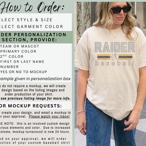 May include: Cream-colored t-shirt with the word "RAIDER" in a block letter design, with a baseball graphic. The shirt also has the word "baseball" below the graphic. The shirt is paired with blue jeans.