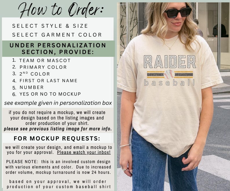 May include: Cream-colored t-shirt with the word "RAIDER" in a block letter design, with a baseball graphic. The shirt also has the word "baseball" below the graphic. The shirt is paired with blue jeans.