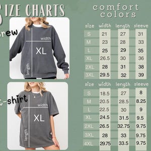 May include: Size charts for crew neck sweatshirts and t-shirts. The crew neck size chart includes measurements for width, length, and sleeve length. The t-shirt size chart includes measurements for width, length, and sleeve length.