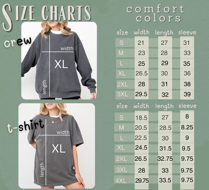 May include: Size charts for crew neck sweatshirts and t-shirts. The crew neck size chart includes measurements for width, length, and sleeve length. The t-shirt size chart includes measurements for width, length, and sleeve length.