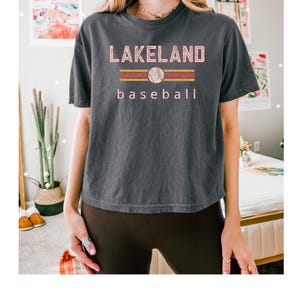 May include: Dark gray t-shirt with the text "LAKELAND baseball" in pink and white. The word "baseball" is below a baseball graphic and two horizontal stripes. The shirt is a short-sleeved, crew neck style.