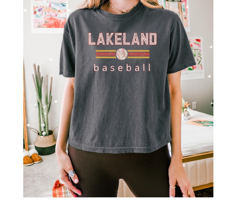 May include: Dark gray t-shirt with the text "LAKELAND baseball" in pink and white. The word "baseball" is below a baseball graphic and two horizontal stripes. The shirt is a short-sleeved, crew neck style.