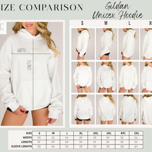May include: Size comparison chart for a Gildan unisex hoodie. The chart shows measurements for width, length, and sleeve length in inches for sizes S through 5XL. The image also shows the hoodie from different angles.