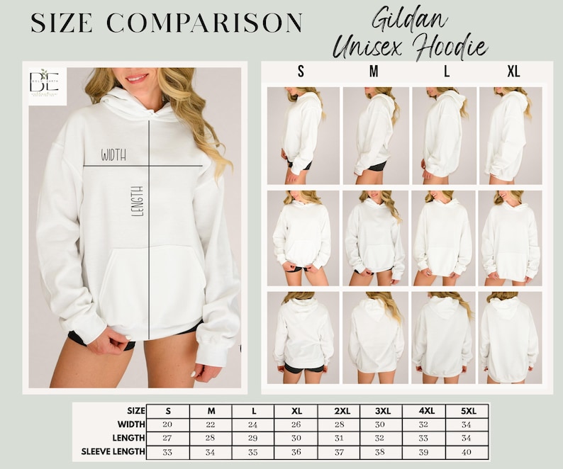 May include: Size comparison chart for a Gildan unisex hoodie. The chart shows measurements for width, length, and sleeve length in inches for sizes S through 5XL. The image also shows the hoodie from different angles.
