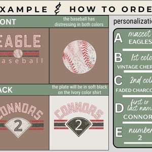 May include: Example of a personalized baseball shirt design. The front features "EAGLE baseball" with a baseball graphic. The back shows "CONNORS 2". Personalization options include mascot, colors, name, and number.