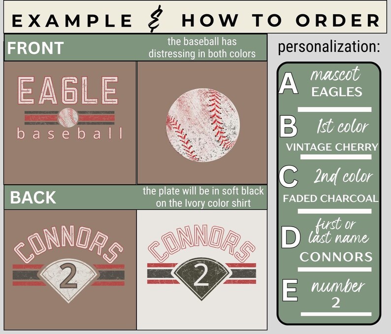 May include: Example of a personalized baseball shirt design. The front features "EAGLE baseball" with a baseball graphic. The back shows "CONNORS 2". Personalization options include mascot, colors, name, and number.