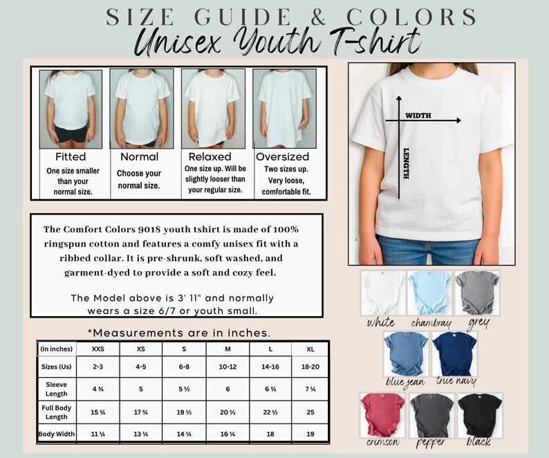 May include: Size guide for a unisex youth t-shirt, featuring a white t-shirt. The guide shows different fits: fitted, normal, relaxed, and oversized. Measurements are in inches, with sizes ranging from XXS to XL. Colors include white, chambray, grey, blue jean, true navy, crimson, pepper, and black.