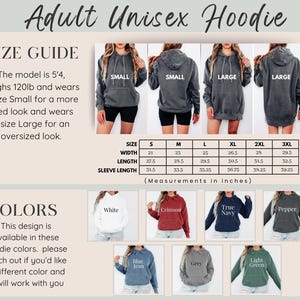 May include: Adult Unisex Hoodie in various colors, with a size guide showing measurements in inches. The image displays the hoodie in several colors, including white, crimson, and navy. The size chart provides measurements for sizes S to 3XL.