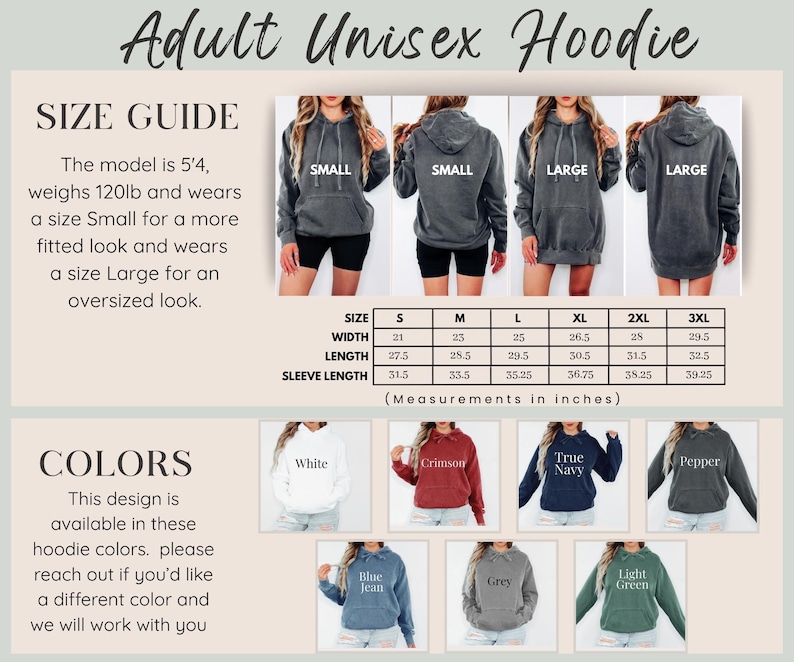 May include: Adult Unisex Hoodie in various colors, with a size guide showing measurements in inches. The image displays the hoodie in several colors, including white, crimson, and navy. The size chart provides measurements for sizes S to 3XL.