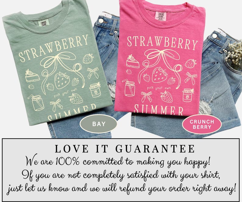 May include: Two t-shirts, one in a muted green and the other in bright pink, both featuring a strawberry-themed graphic with the words "STRAWBERRY SUMMER". The shirts are paired with denim shorts. The green shirt is labeled "BAY" and the pink shirt is labeled "CRUNCH BERRY".