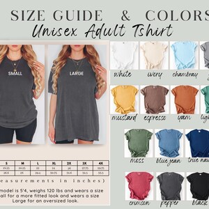 May include: Size guide and color chart for a unisex adult t-shirt. The chart includes measurements in inches for sizes S to 4X. Colors include white, ivory, chambray, grey, mustard, espresso, yam, light green, moss, blue jean, true navy, crimson, pepper, and black.