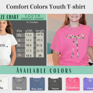 May include: Youth T-shirt size chart in inches with width and length measurements for sizes XS, S, M, L, and XL. Available colors include white, gray, blue jean, pepper, crunchberry, and violet.