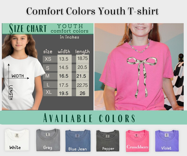 May include: Youth T-shirt size chart in inches with width and length measurements for sizes XS, S, M, L, and XL. Available colors include white, gray, blue jean, pepper, crunchberry, and violet.