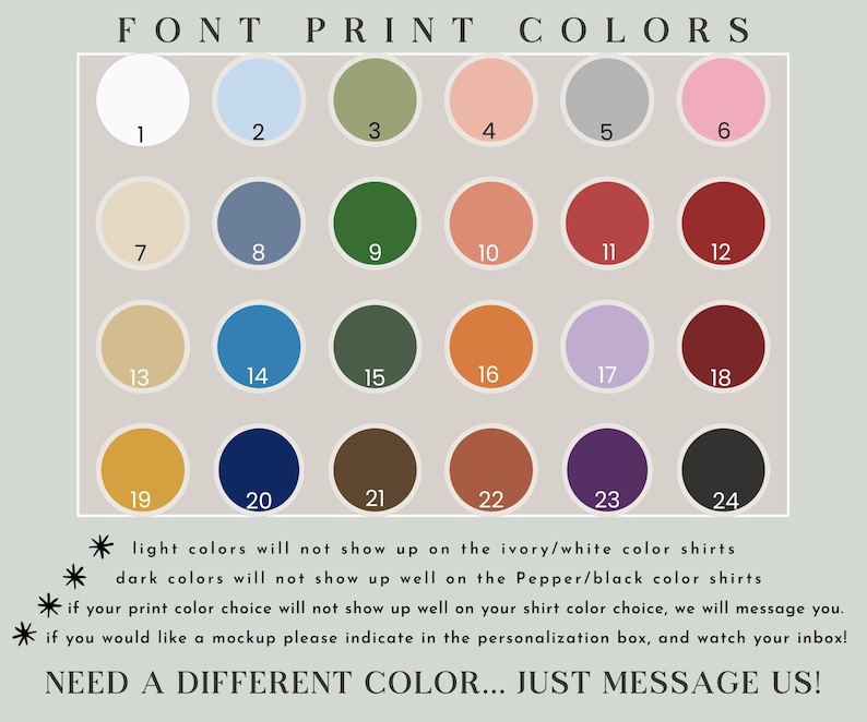 May include: A color chart with 24 circular color swatches, numbered 1-24, arranged in rows. The chart includes a variety of colors, from white and light blue to dark green and black. Text at the bottom advises on color choices for shirts.