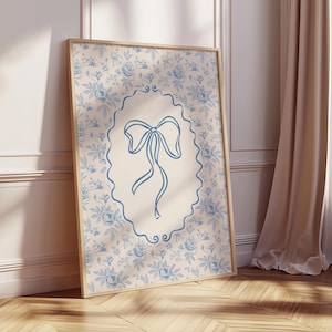 Blue Wall Art Coquette Print Floral Wall Print Blue Chinoiserie Art Print Dorm Room coquette Bow Blue Printable Artwork Girly Blue Print Art